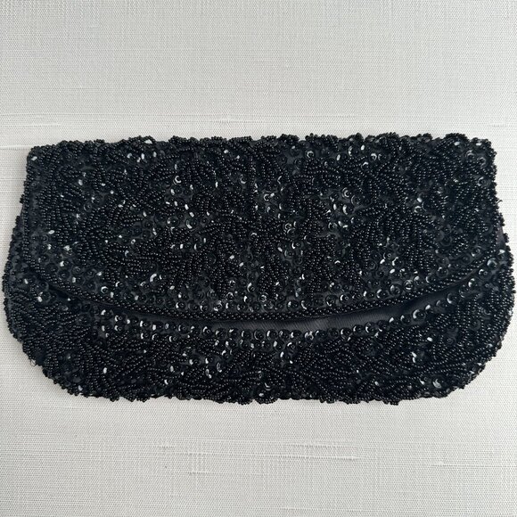 Hand Made In Hong Kong Handbags - 1950s Black Beaded Evening Clutch Fold Over Pocket Clutch Repair or Repurpose